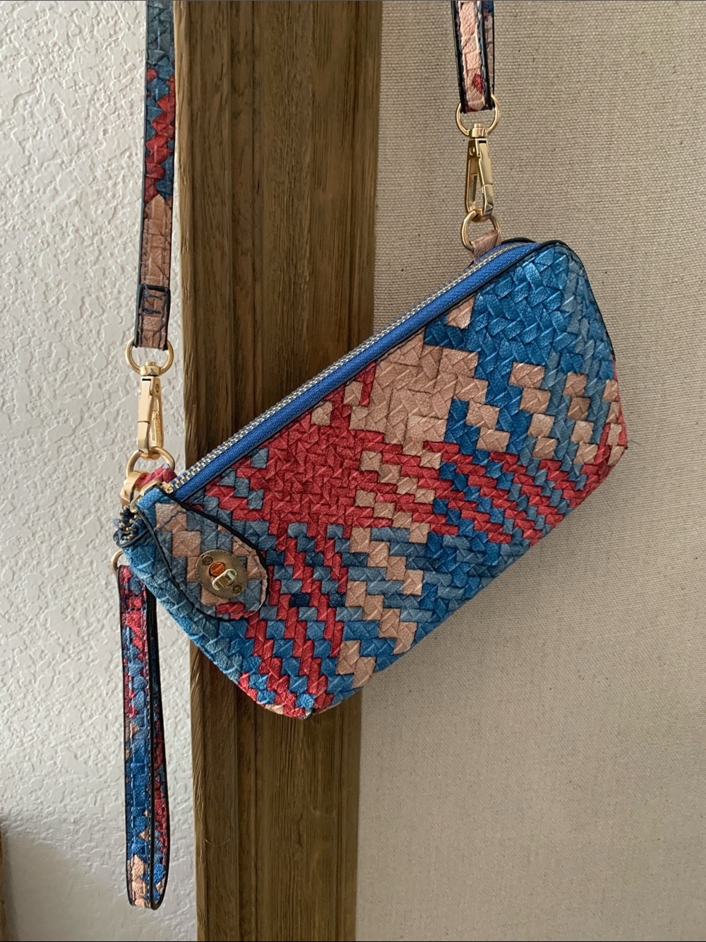 Brand new Colorful Woven Wristlet Pouch Cross Body Bag - Blue & Khaki
